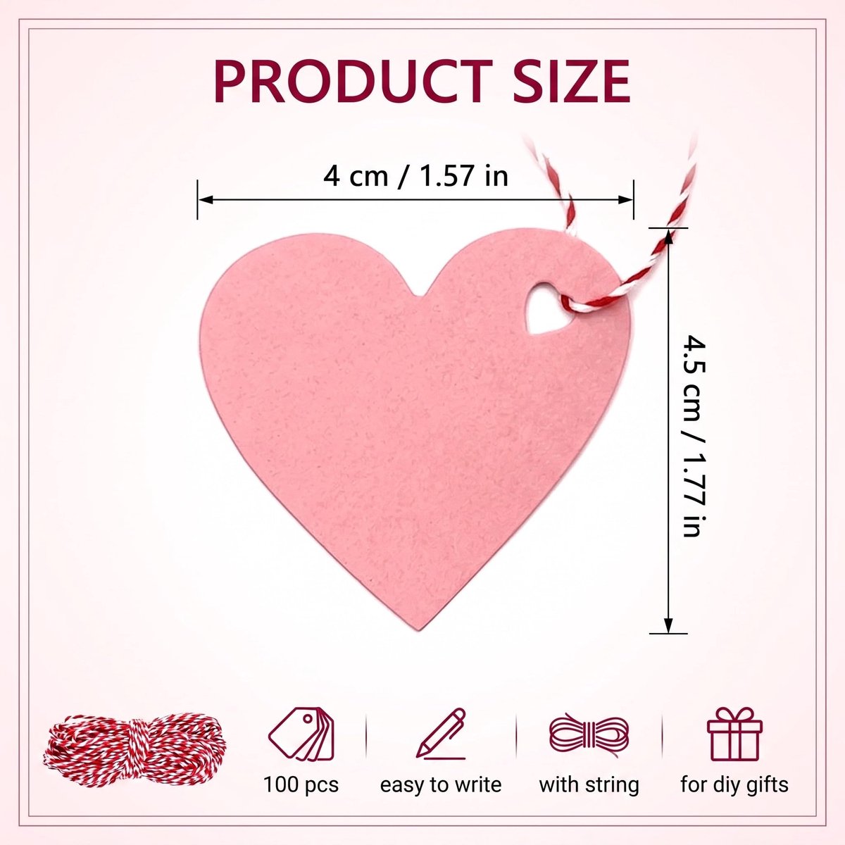 Cadeaulabels 100 stuks - 6,5 x 6,5 cm - hart roze met rood koord - perfect voor bruiloft of verjaardag - ShopVlot