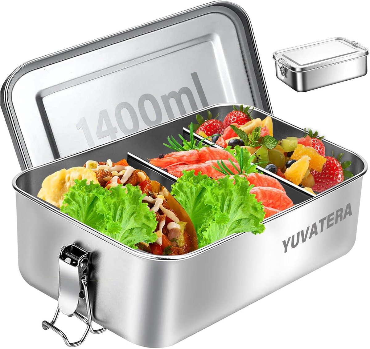 Lunchbox 1400 ml - Roestvrijstaal - Drukknopen en siliconen afdichtring - Ideaal voor onderweg - ShopVlot
