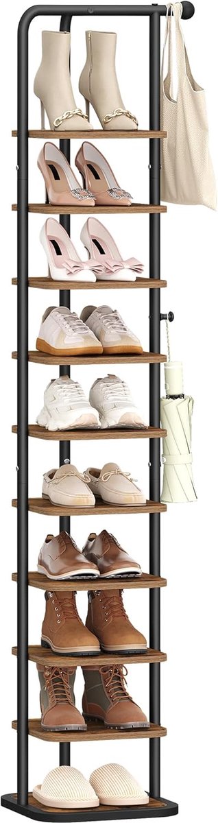 Hzuaneri Schoenenrek, Verticaal schoenenkast, 10-laags hoekschoenenrek, Smal schoenenkast, Vrijstaand, Verstelbaar, Voor Entree, Hal, Slaapkamer, 32,8 x 32,8 x 183 cm, Rustiek Bruin en Zwart