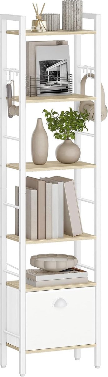 Hzuaneri Boekenkast, 6 planken met 1 stoffen, wit eiken, 173cm