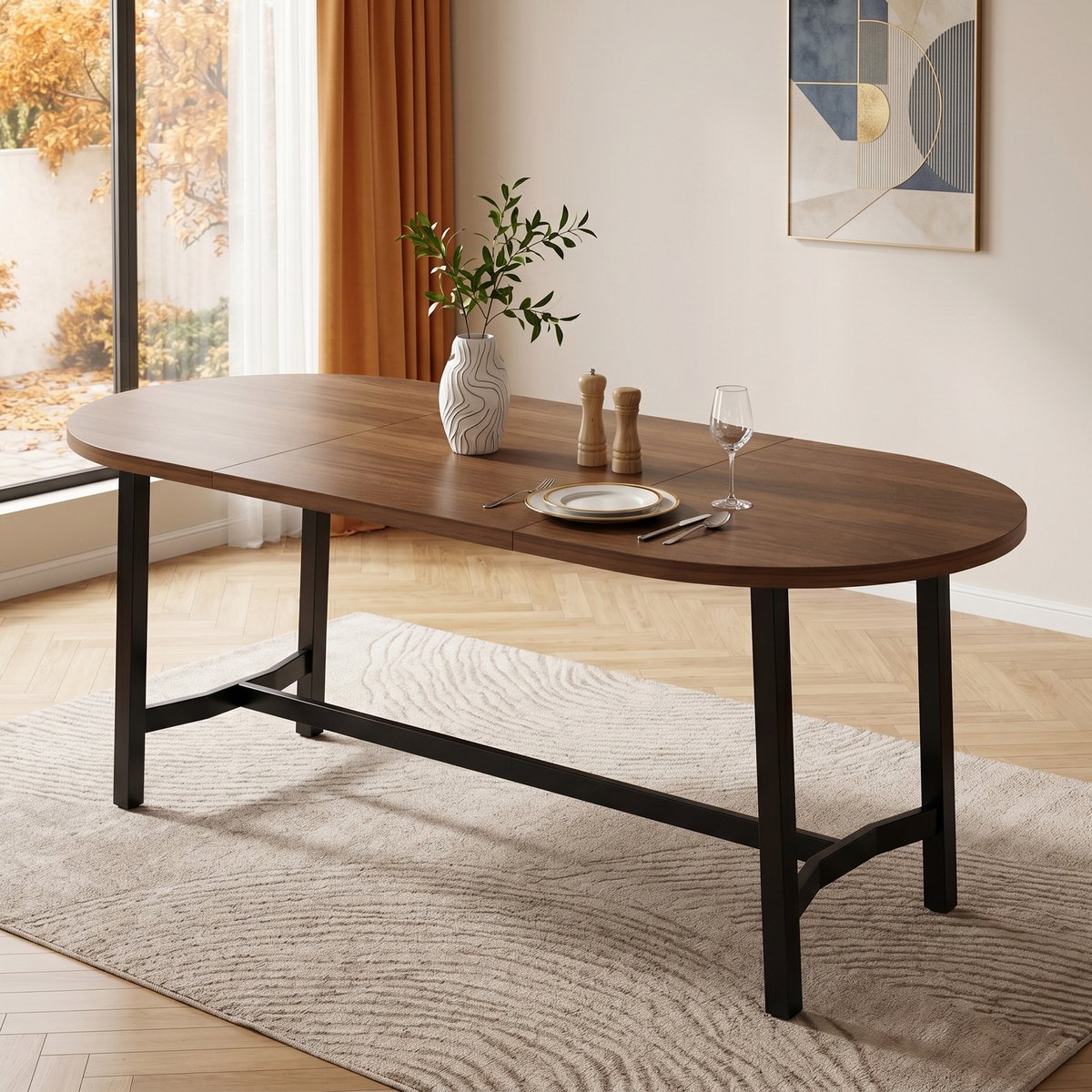 Eettafel 180x80 cm - Eettafel Met Ronde Hoeken En Stalen Tafelpoten - Walnoot