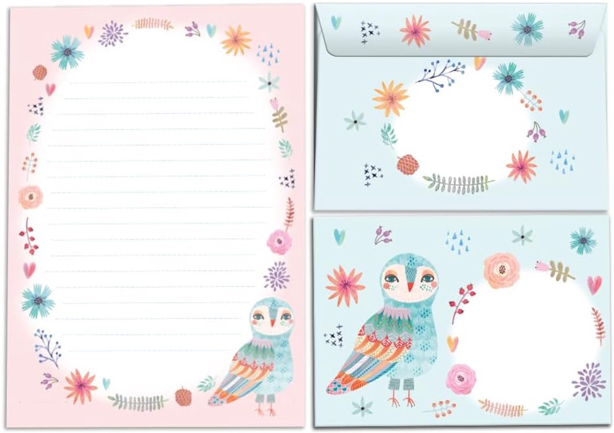Schrijfbloem met Enveloppen Uil - A5 Formaat - 25 Vel en 15 Zelfklevende Enveloppen - Creatief Schrijven voor Meisjes - ShopVlot