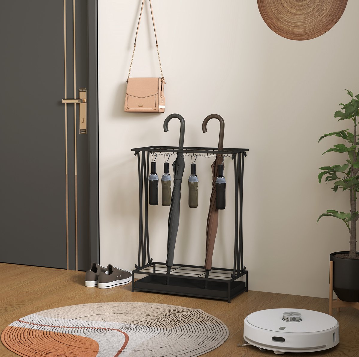 MIVRAY Paraplubak – Met 21 Vakjes En 24 Haken – 50 x 24 x 68 cm – Staal – Zwart – Voor Hal En Entree Met Uitneembare Waterbak