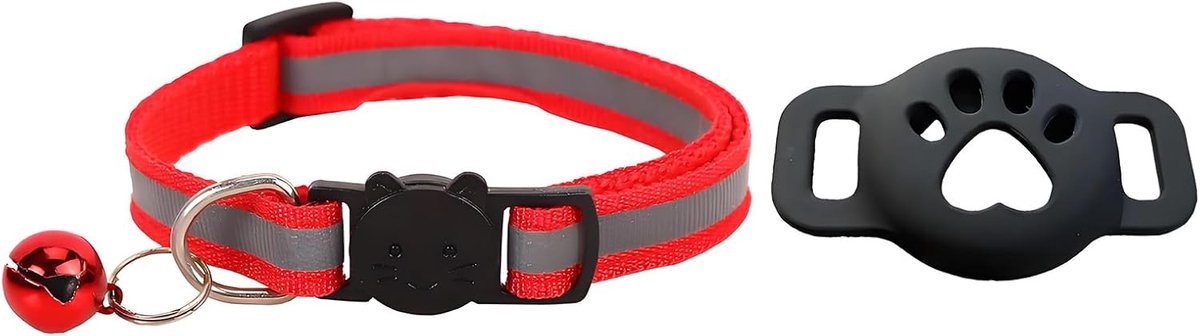 Kattenhalsband met houder - rood - reflecterend - veilig en verstelbaar - ShopVlot