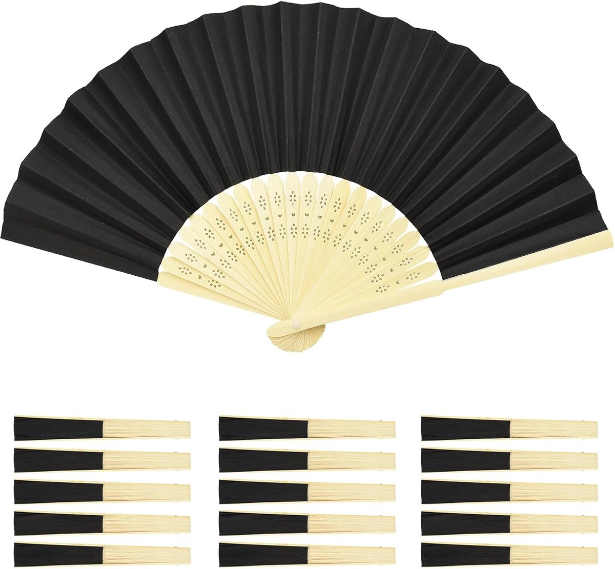 SnelShoppen - Pack van 15 Zwarte Vouwfans - Handventilatoren - Papier Fans voor Feesten, Bruiloften, Zomer, Decoratie, Cadeaus voor Vrouwen