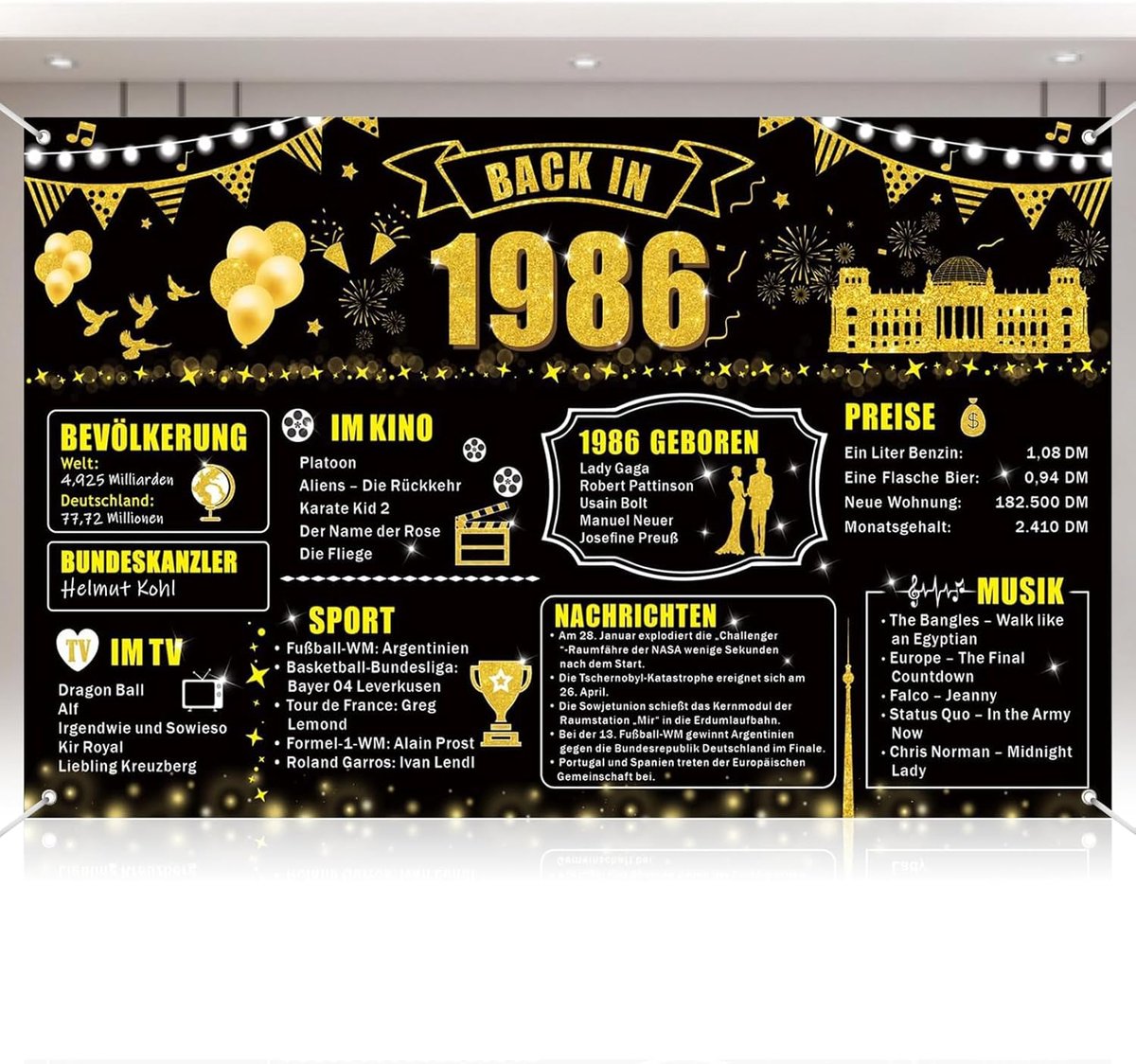Verjaardagsbanner 40e verjaardag 180 x 110 cm - zwart goud ontwerp - 1986 achtergrond - ShopVlot