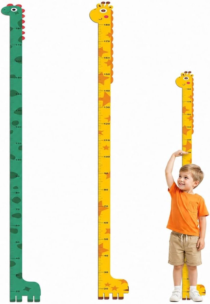 meetlat voor kinderen - 2 stuks - muursticker met giraffe en dinosaurus - speelse decoratie voor kinderkamer - ShopVlot