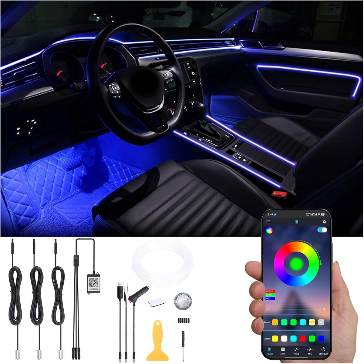 Auto interieur strip verlichting - 4m glasvezel neon buis - multicolor RGB - app en muziek synchronisatie - ShopVlot