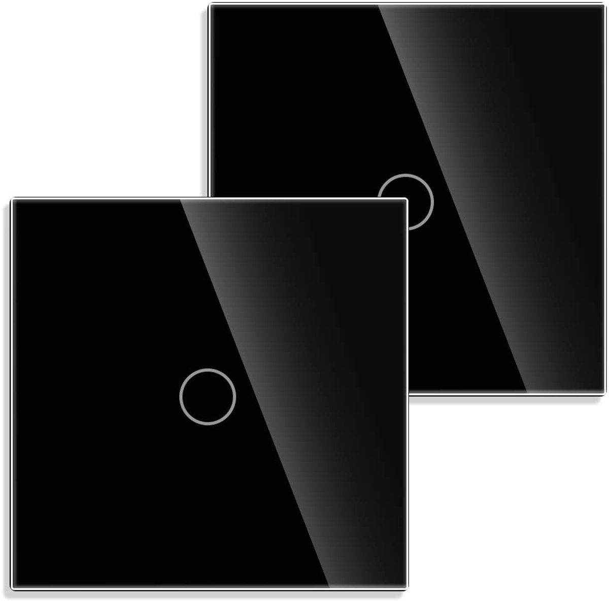 Touch Light Switch - Pack van 2 - Zwart - Glazen paneel met status LED - Eenvoudige installatie zonder neutrale draad - ShopVlot