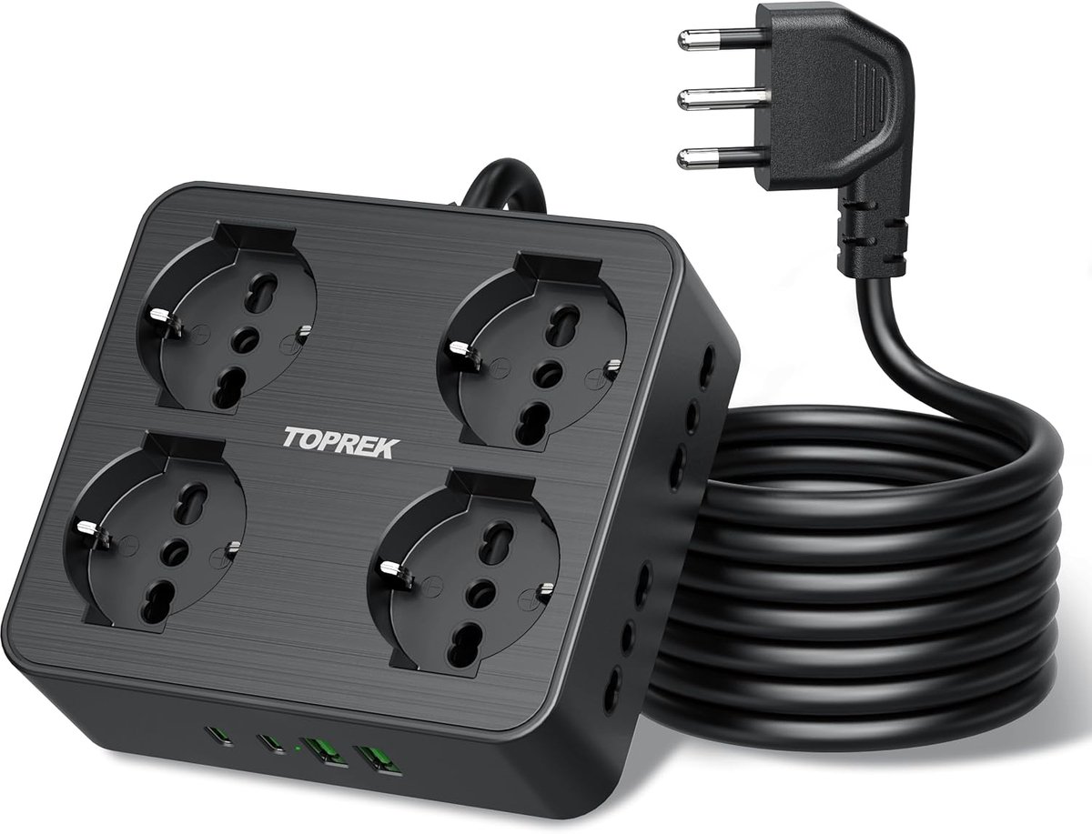 Powerstrip met 8 universele stopcontacten - 2 USB C (20W PD3.0) - 2 m kabel met 90° stekker - ShopVlot