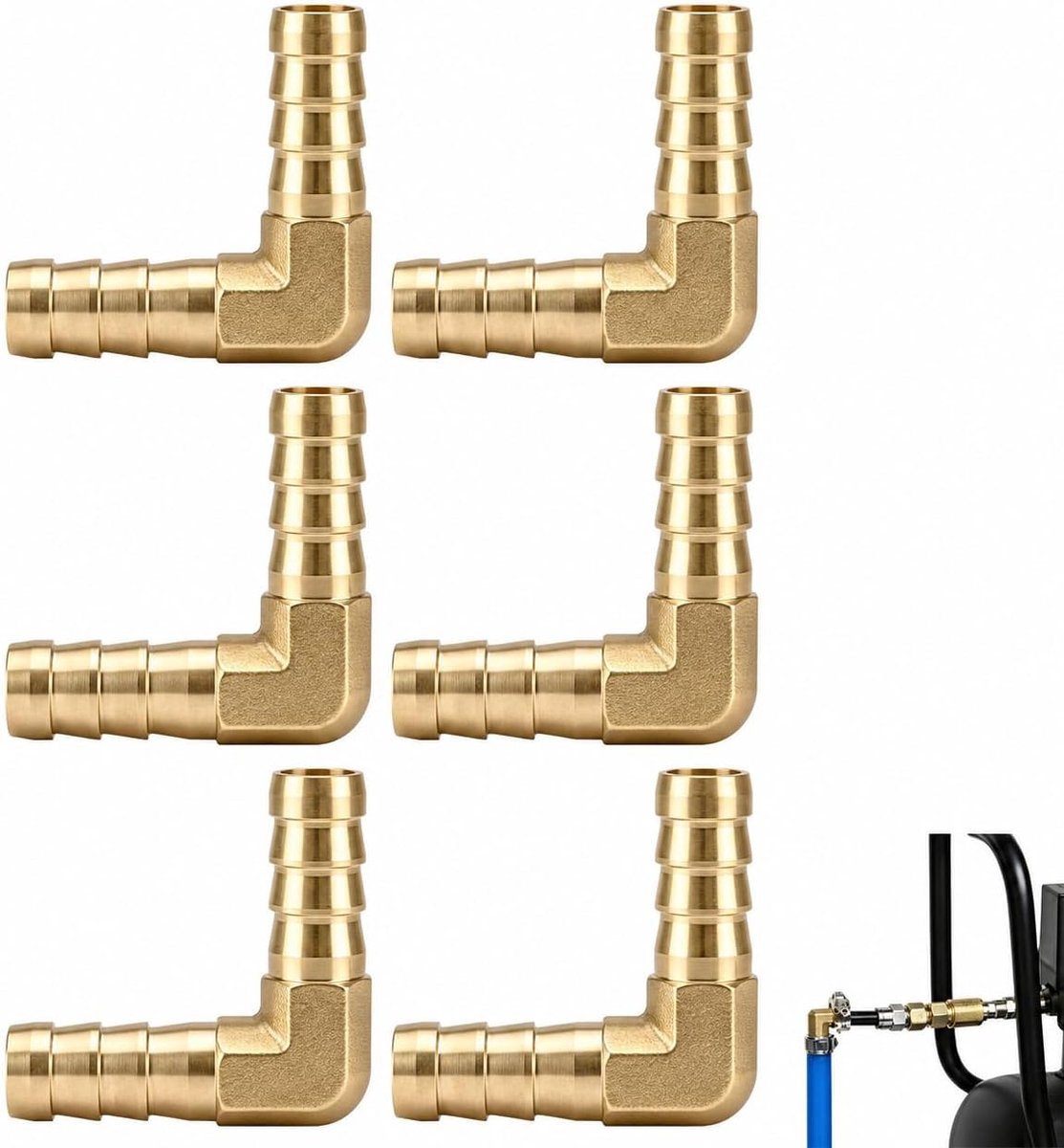 Elleboogconnector 10 mm - messing - geribbeld - waterdichte verbinding voor slangen - ShopVlot