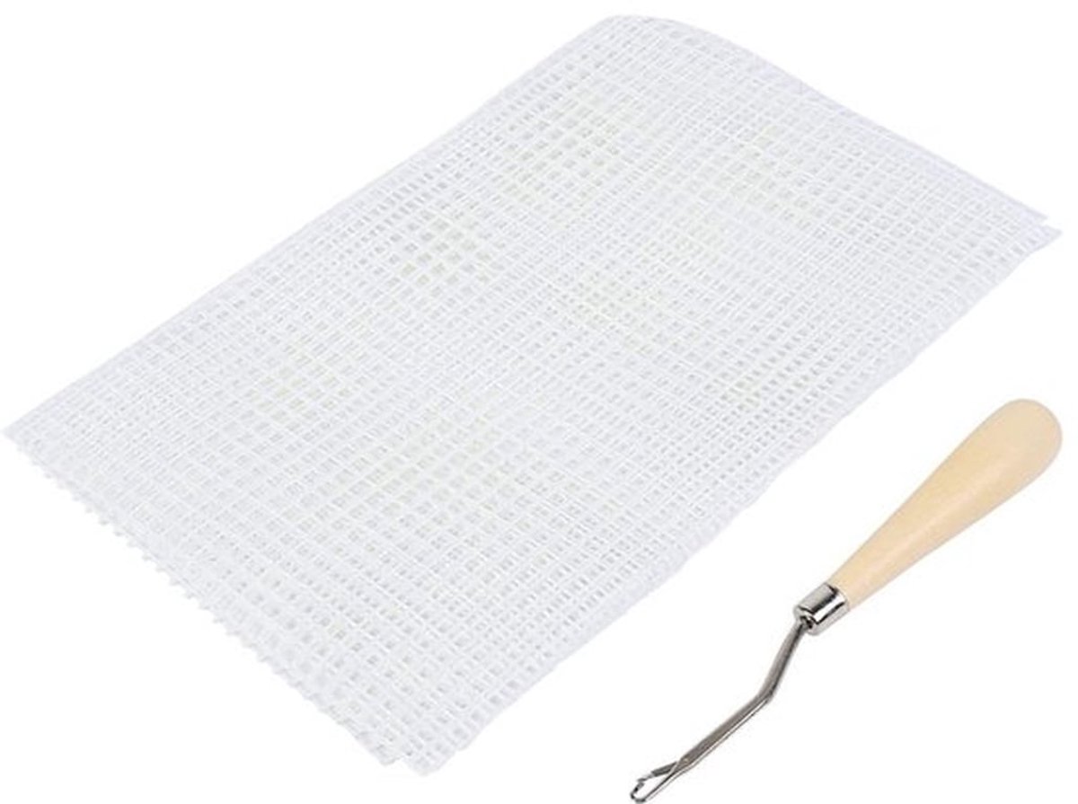 Zeildoek gaasmat rugzakhaken DIY tapijthaken houten handvat haakset borduurwerk plastic kruissteek gaasstof voor knutselprojecten (150x100cm)