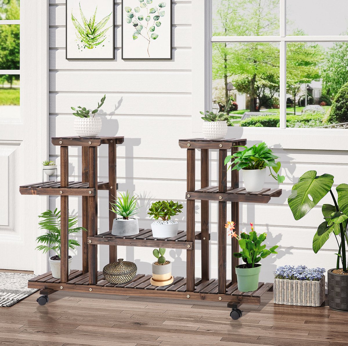 FloraGrace Plantenrek – 123,5 X 33 X 80 Cm – Met 4 Wielen – Hout – Donkerbruin – Voor Binnen En Buiten – Open Stelling