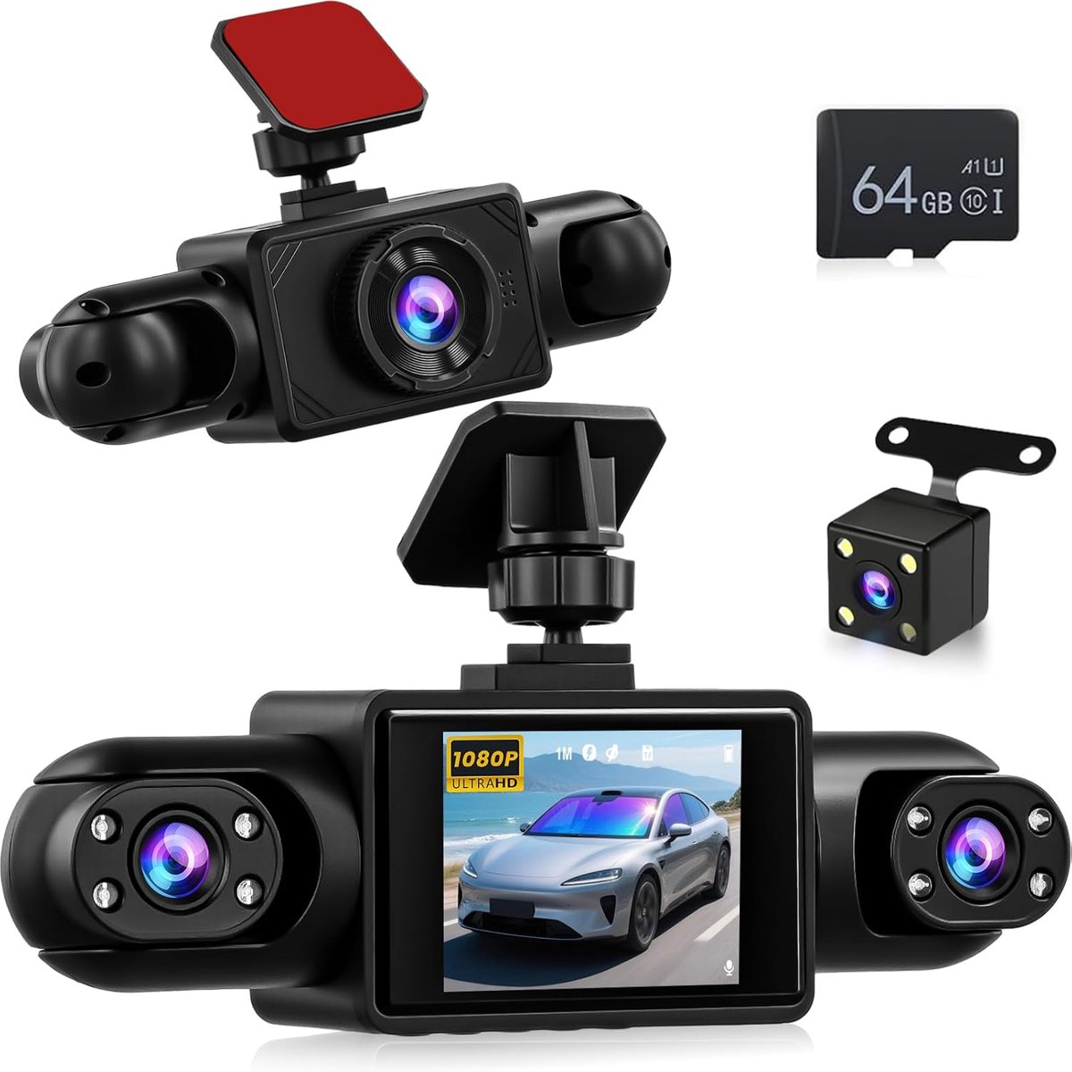 SnelShoppen - 4-kanaals Dashcam voor en Achter - 360 Graden Autocamera met 2 Inch Display, IR Nachtzicht, Loopopname, Bewegingsdetectie + 64 GB TF-kaa
