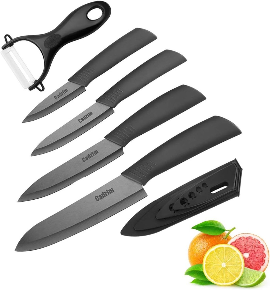 SnelShoppen - 5-delige Keramische Messenset, Koksmes met Lemmetbescherming, Groentemes en Keukenmes, Zwart, Voor Snijden van Fruit, Groenten, Vlees, A