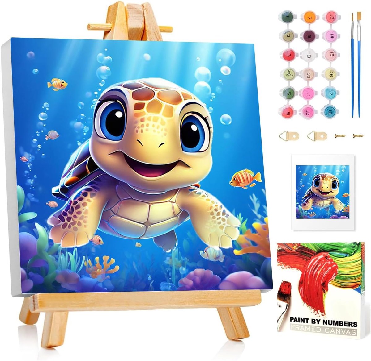 SnelShoppen - Schilderen op Nummer voor Kinderen, Zeeschildpad met Lijst, Creatief Schilderen voor Meisjes en Jongens van 5 tot 10 Jaar, 20x20 cm, Per