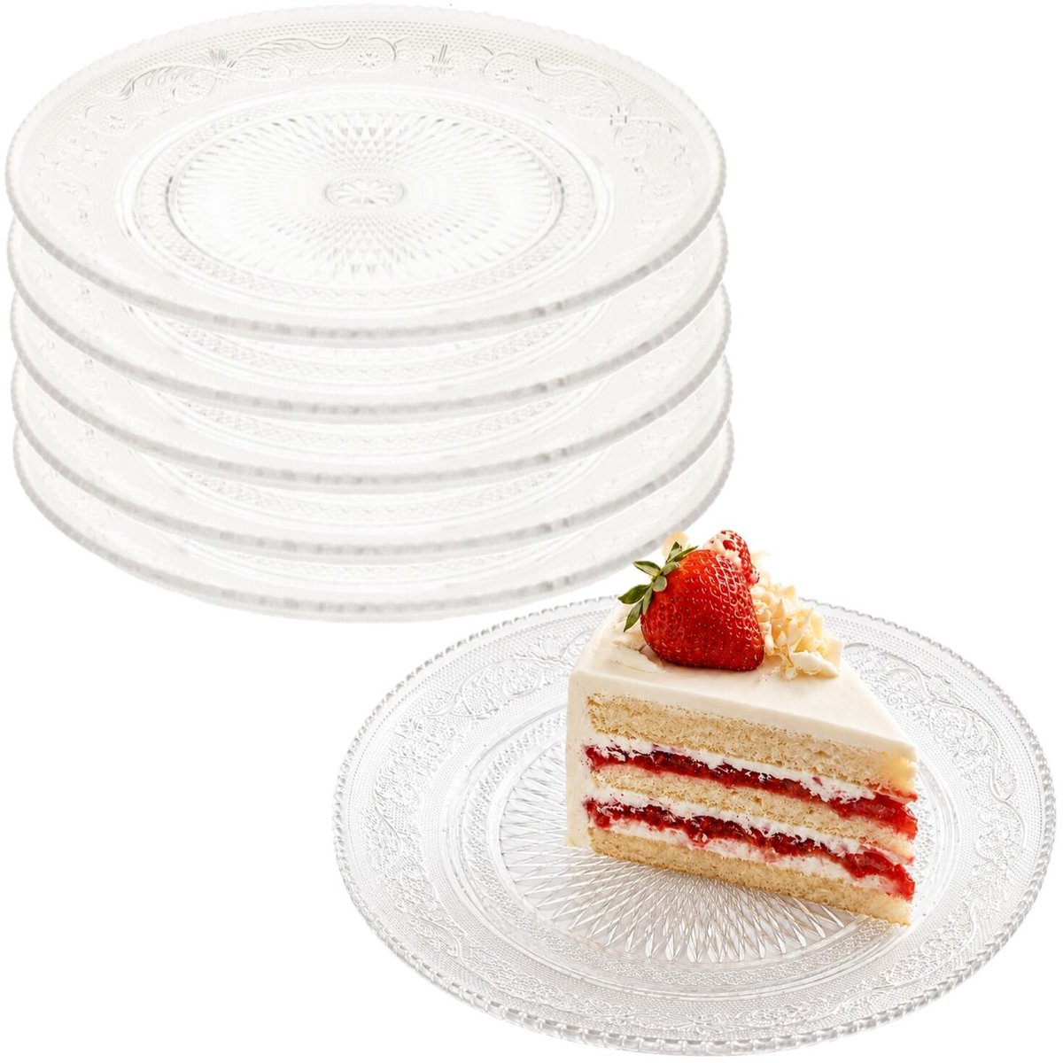 Excellen Houseware taart en gebakbordjes - 6x - kunststof - kristal ornament - transparant - Dia 15 cm