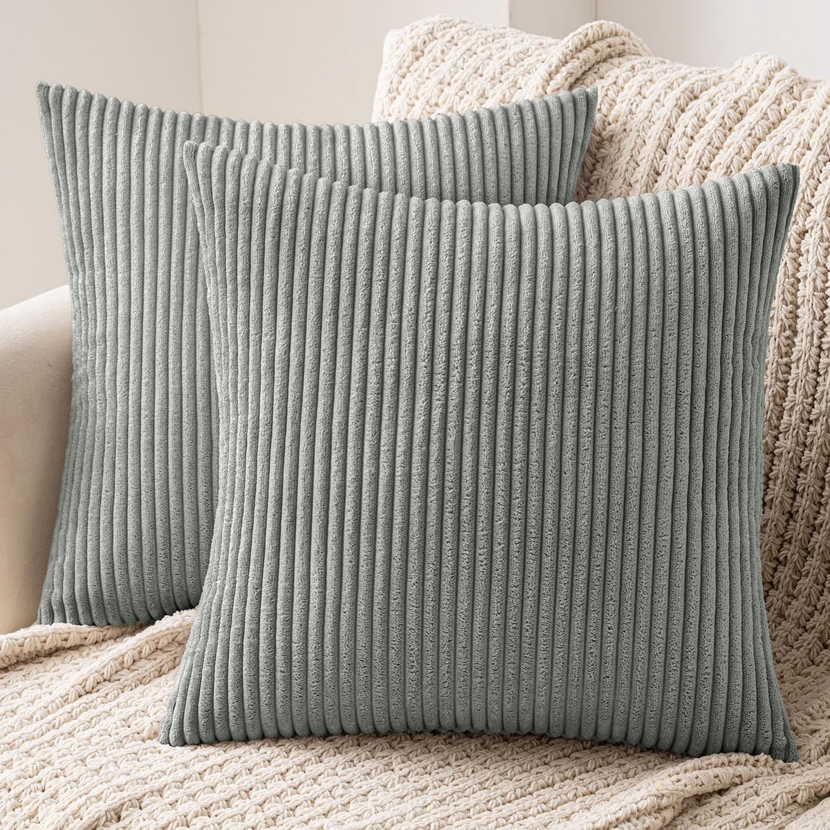 SnelShoppen - Set van 2 Kussenhoezen 50x50 cm, Corduroy Kussenslopen, Grijsgroen, Decoratieve Kussens voor Bank, Slaapkamer en Woonkamer