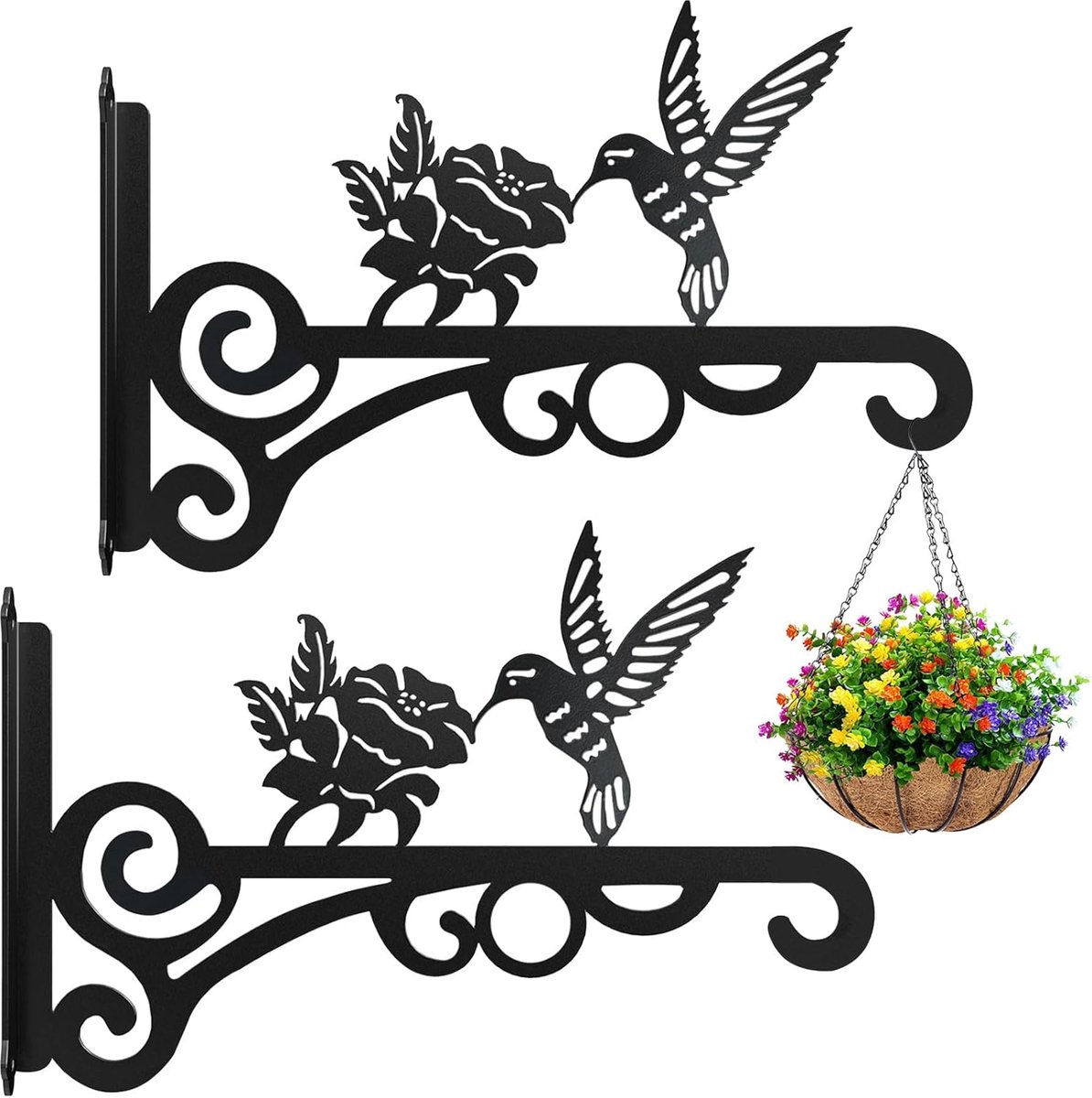 2-Pack 10 Inch Esthetische Plantenhangers voor Buiten – Metalens Hangende Plantenbeugel met Prachtig Kolibrie Patroon – Zware Plantenhaken voor Hangende Planten, Vogelhuisjes, Windgongen, Lantaarns