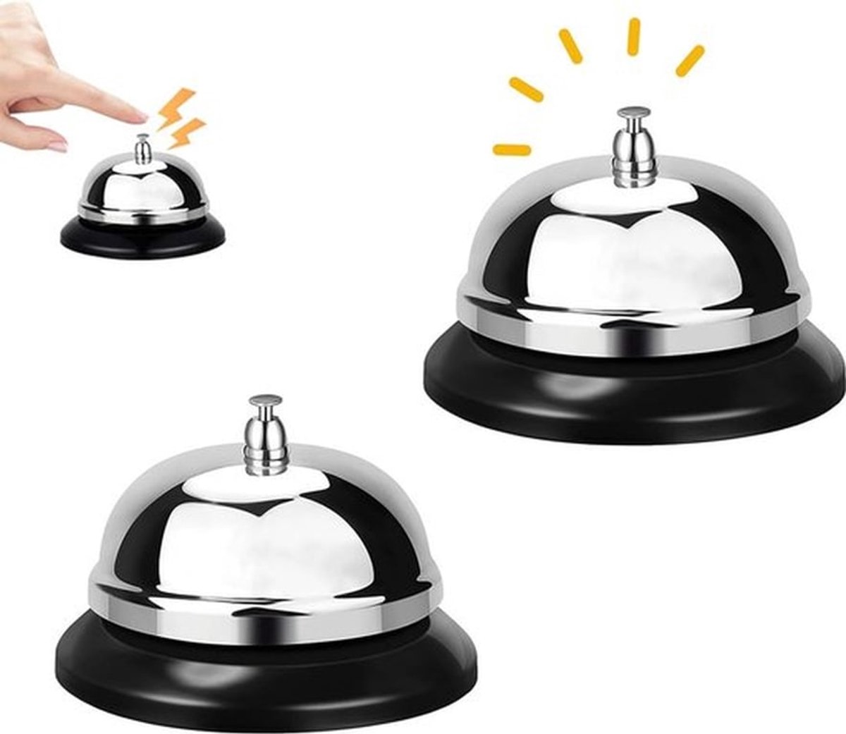 Tafelbel - 2 Stuks - Receptiebel - Tafelbelletje - Schoolbel - Balie Bel - Hotel Bel - Butler Bel - Keuken Bel - Horeca Bel - Kerstman Bel - Rvs - 9 Cm - Hard Geluid - Bel - Zilver/Zwart