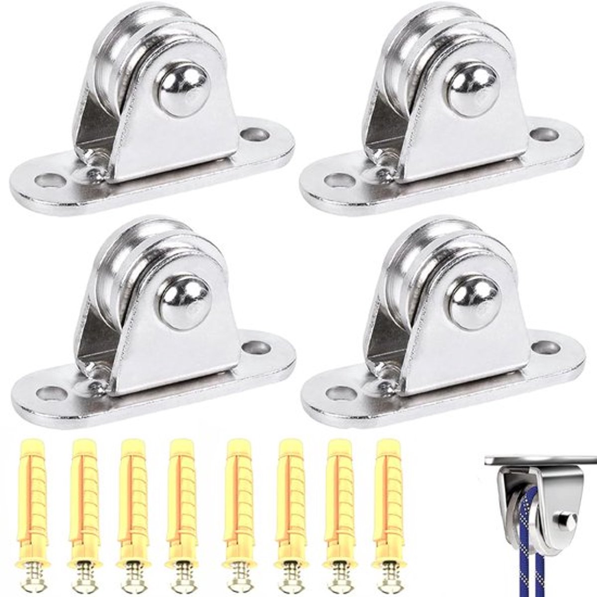 4x Katrol - Hijshaak - Katrollen - Katrolwielen - Katrol met duplex-lagers - Katrol roestvrij staa - Katrol klein - Katrol voor touwen - Voor 3-6 mm touwen - Met 8 schroeven en 8 hulzen - Voor schuifpoorten - Voor lagers, roldeur, waslijn, fitness