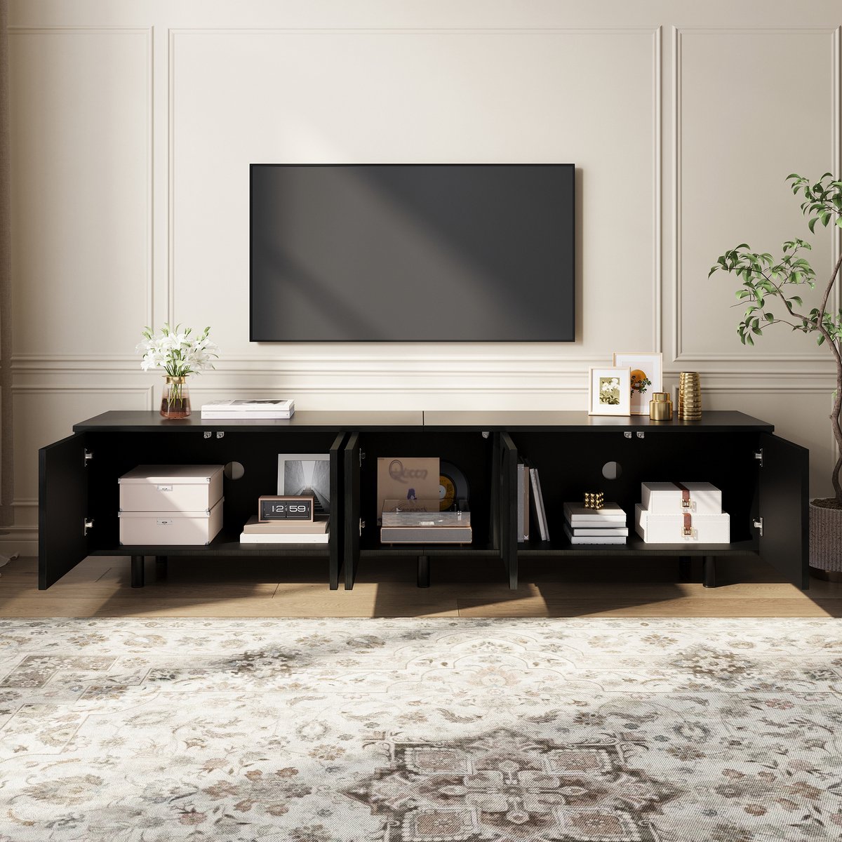 Wishdor - TV-meubel - 5 deuren met kabeldoorvoer - modern lowboard - woonkamer - houtlook en metalen poten - zwart - 180 x 38 x 45 cm