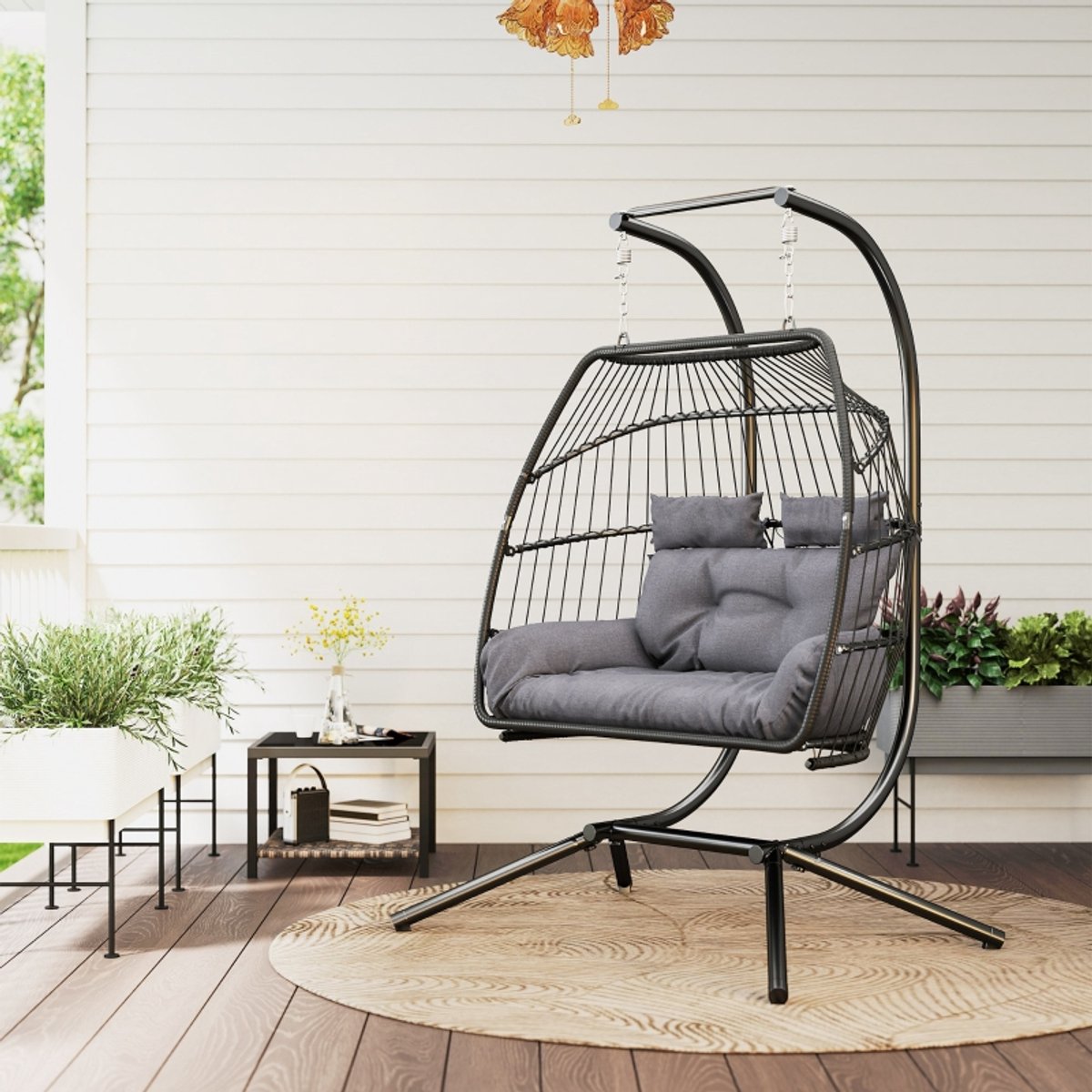 FloraGrace Hangstoel 170 x 100 x 185 cm - Opvouwbare 2-Persoons Hangstoel Met Standaard En Kussens - Voor Balkon En Terras - Polyrattan - Donkergrijs