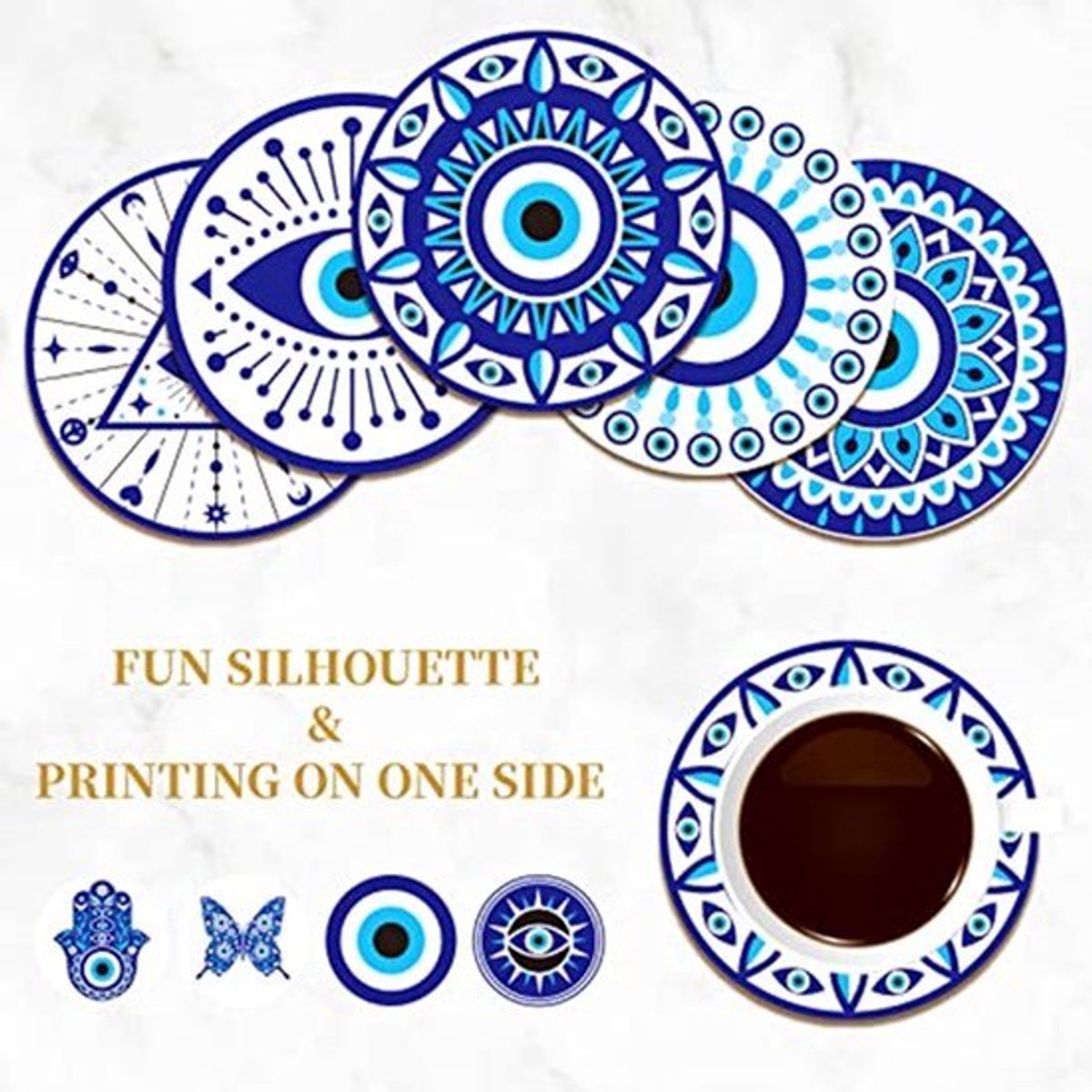 Houten Onderzetters Set van 9 - Boze Ogen & Mandala Motief - 10 cm Diameter