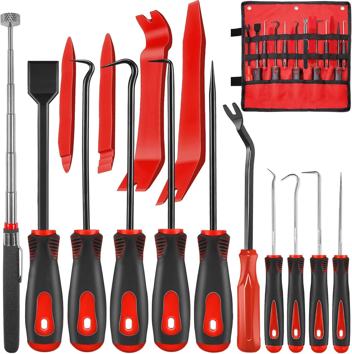 SnelShoppen - 15-delige Pick en Haak Set met Schraper en Magnetische Telescopische Gereedschap Kit voor Mechanische Auto O-Ring en Oliedichting Repara