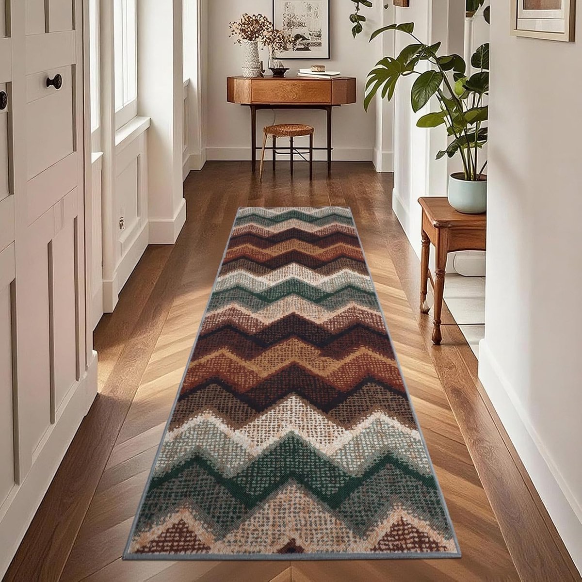 SnelShoppen - Boho Antislip Tapijtloper 80 x 300 cm - Groen, Wasbaar, Laagpolig Keukentapijt voor Gang, Hal, Woonkamer, Slaapkamer
