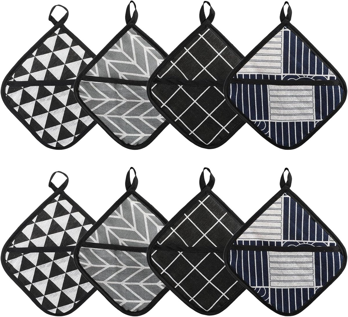 SnelShoppen - Set van 8 Potholders 18x18 cm - Hittebestendige Potlappen - Vierkante Keukentextiel - Wasbaar en Droogmachine-Veilig - Zwart en Grijs -