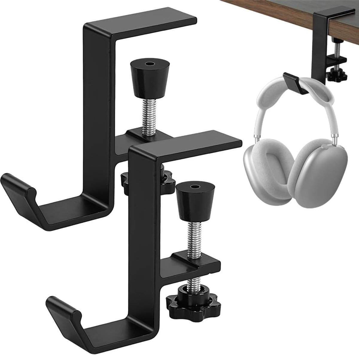 SnelShoppen - Pack van 2 Desk Headphone Holders met Haakjes, Gaming Hoofdtelefoonstandaard voor Sleutels en Tassen - Zwart, Verstelbare Klem, Ruimtebe
