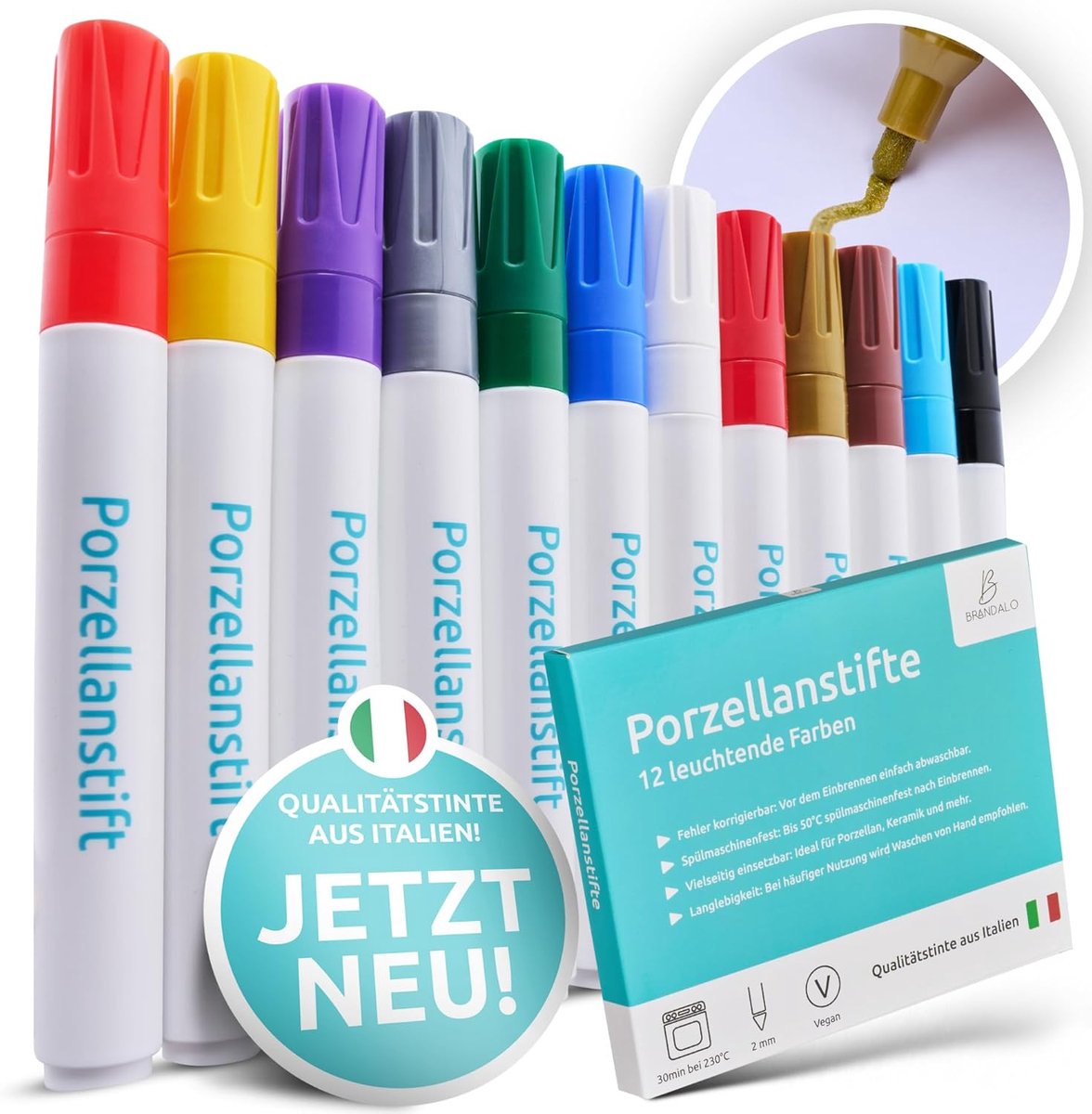 SnelShoppen - Premium set van 12 porseleinmarkers, vaatwasserbestendig keramisch schilderen set, keramische markers, voor porselein en glas, perfect v