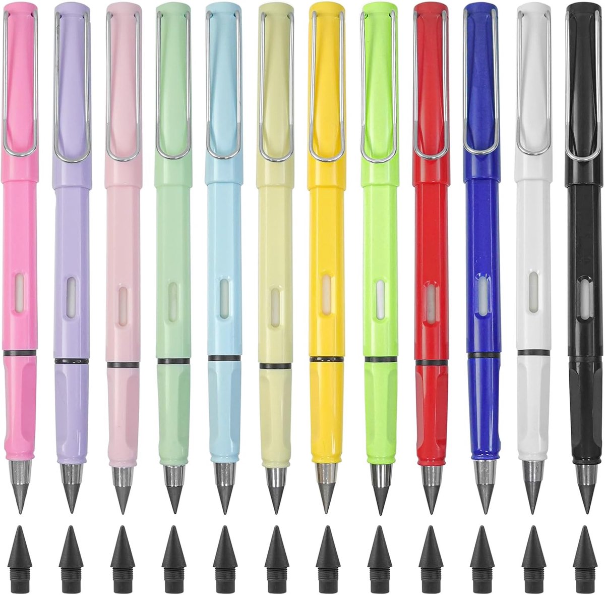 SnelShoppen - 12PCS Infinity Potloden Zwart, Navulbare Pennen zonder Inkt met Gum en 12 Vervangnibs voor Schrijven, Tekenen, Thuis, Kantoor, School