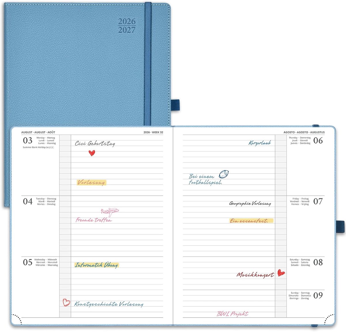SnelShoppen - Horizontale Wochenplaner 2026-2027 - 17-Maanden Terminkalender met PU Leer - 1 Week 2 Pagina's - Aquamarine - Geschikt voor School en Da