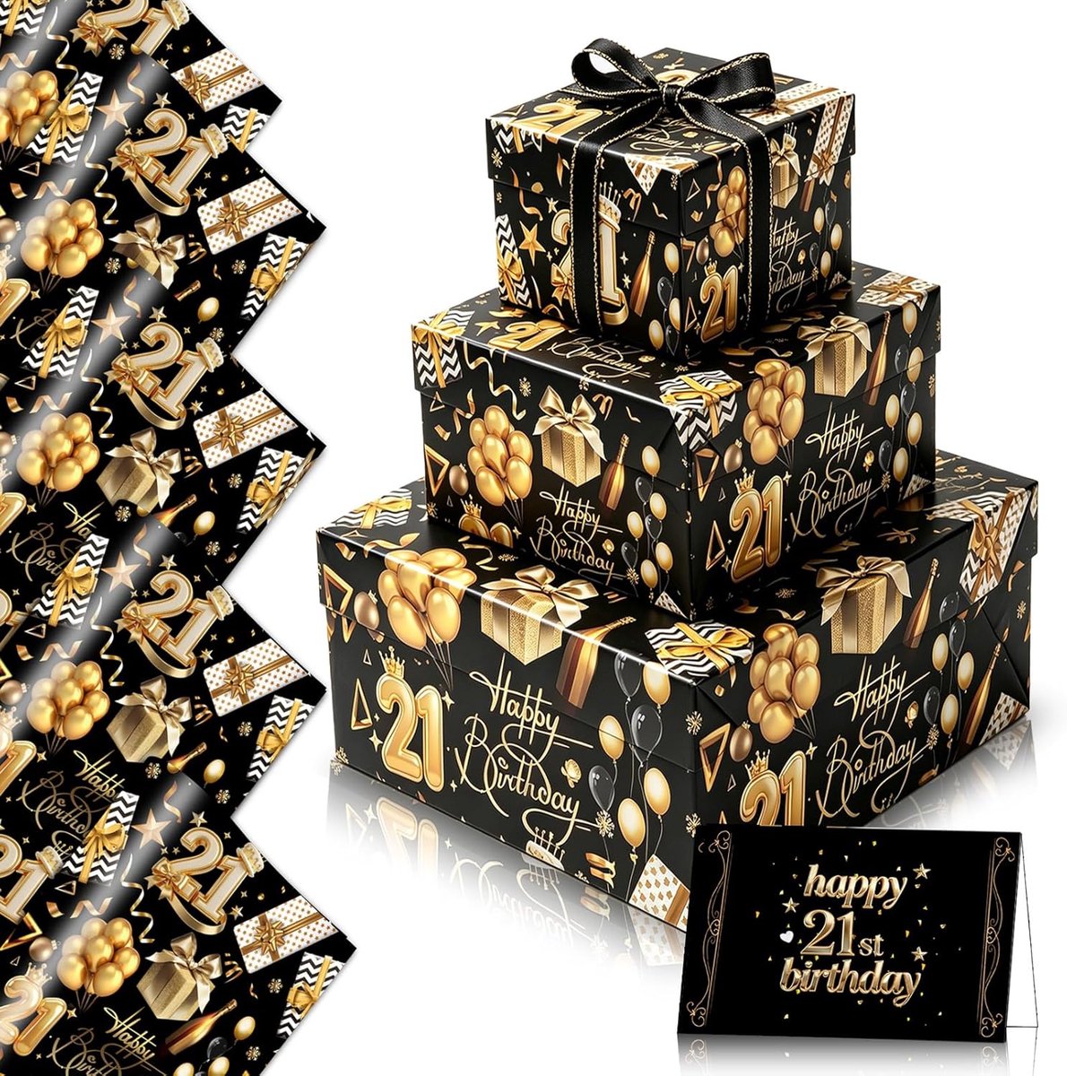 SnelShoppen - Verjaardagscadeau Inpakpapier Set 21e Verjaardag Zwart Goud, 5 Vellen 50x70cm met Kaart en 2m Lint voor Jongens Meisjes, Feestdecoratie