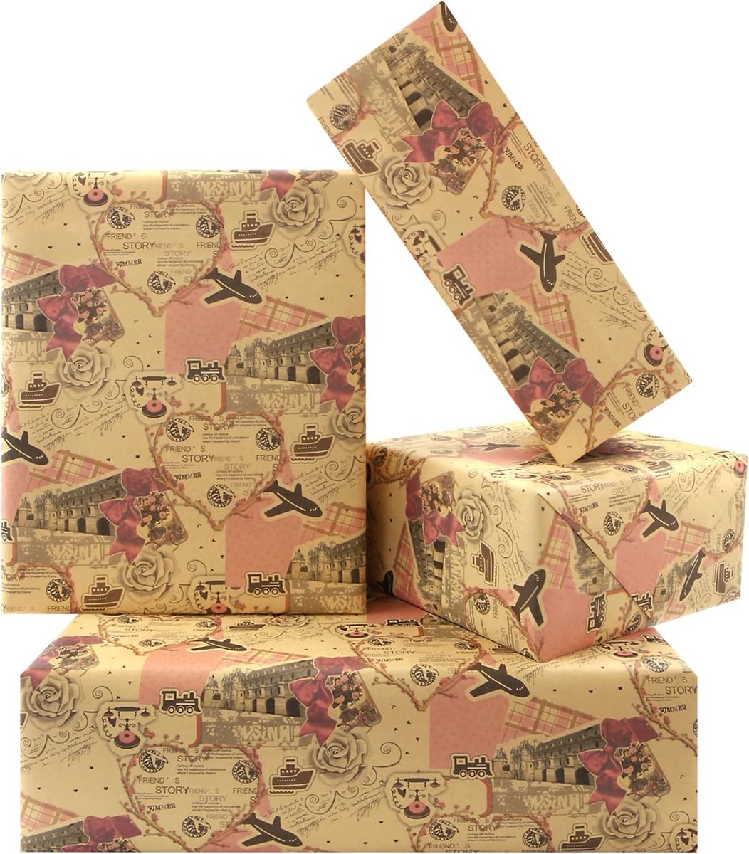 SnelShoppen - Vintage inpakpapier 4 vellen retro cadeaupapier handgetrokken telefoon, trein, schip, vliegtuigprint kraftpapier voor verjaardag, Moeder