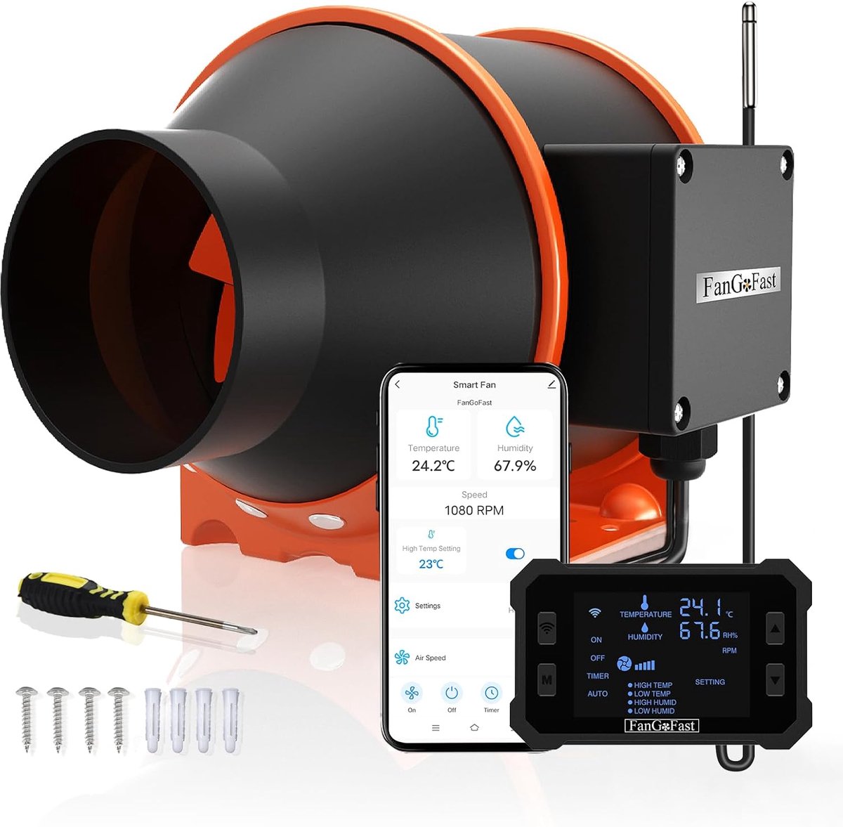 SnelShoppen - 100mm APP Gecontroleerde Luchtverplaatsingsventilator met Temperatuur- en Vochtigheidsregeling, EC Motor, 3000RPM, Ideaal voor Kweekruim