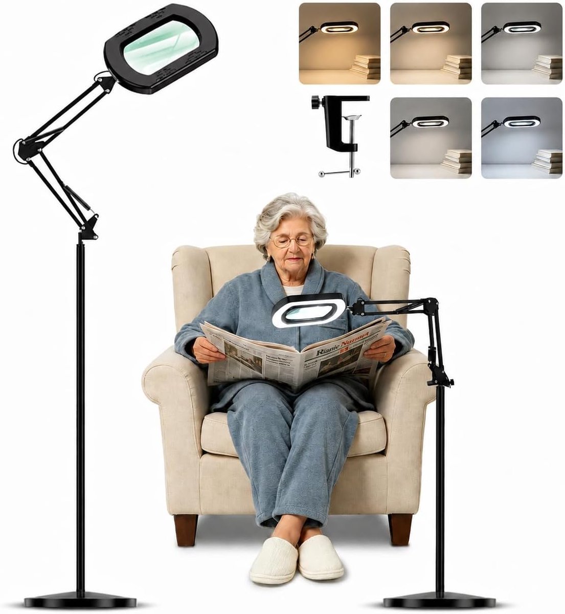 SnelShoppen - 15x Vergrootglas met Licht en Houder, 3-in-1 Werklicht met Klem, 5 Kleurmodi, 60 LED Verlichting, 360° Draaibare Arm, Bureau Loupe voor