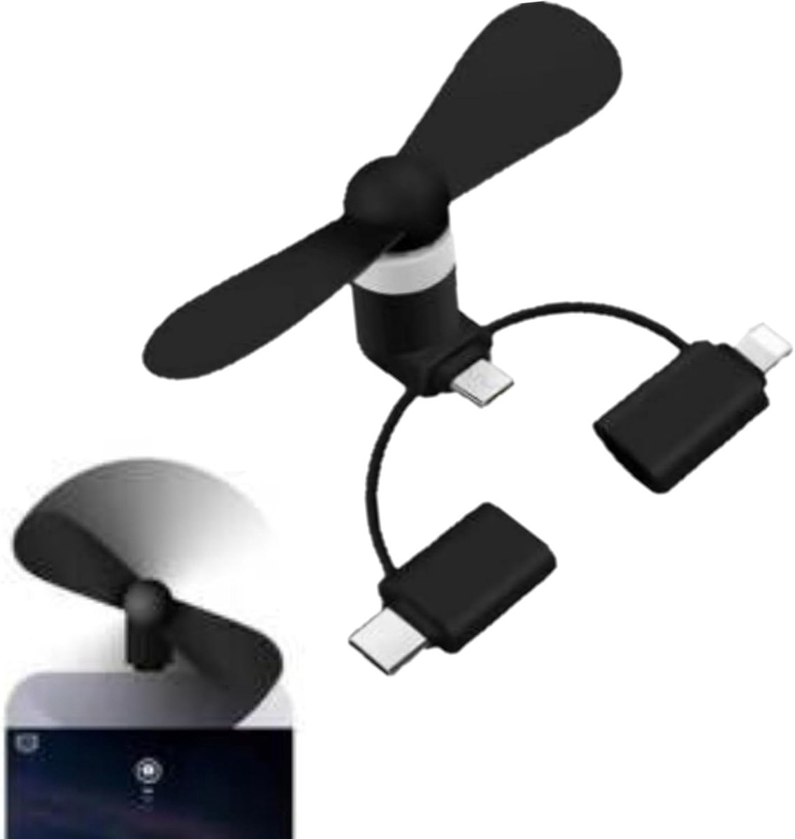 SnelShoppen - Mini Mobiele Telefoon Ventilator 3-in-1 Draagbare USB Koeler met Draaifan - Geschikt voor iPhone/Micro-USB/Type C/Lichtpoort