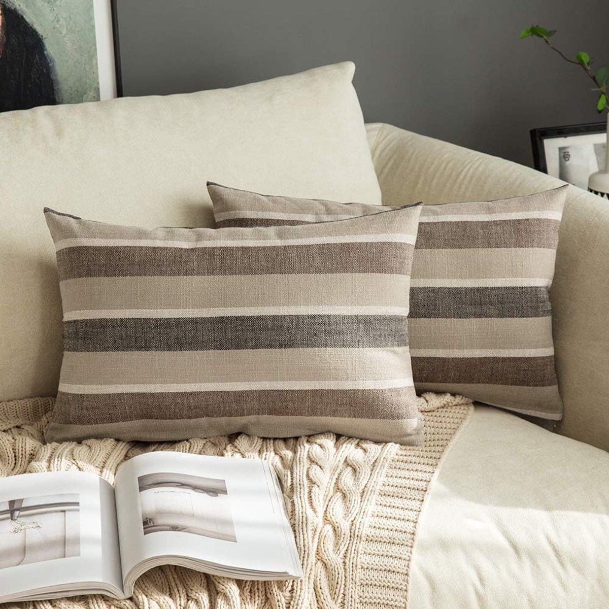 SnelShoppen - Kussenhoezen van Linnen met Strepen - Decoratieve Pleats voor Bank, Stoel en Slaapkamer - Neutraal Kleurenschema - 40x60 cm - Set van 2