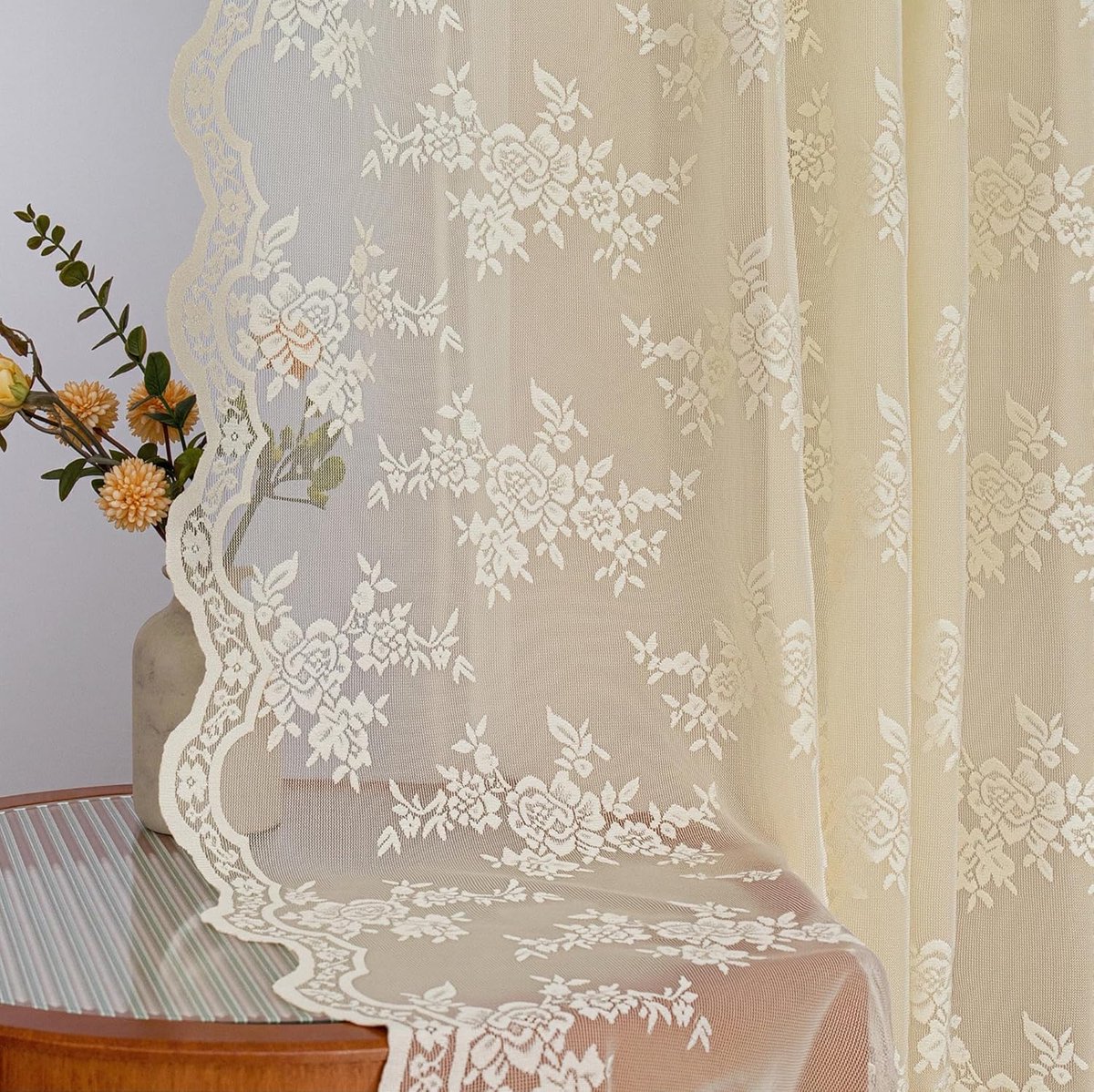 SnelShoppen - Vintage Lacy Gordijnen Set van 2 - Geborduurde Kant Gordijnen met Rimpelband - Moderne Decoratieve Raamdecoratie voor Woonkamer en Slaap