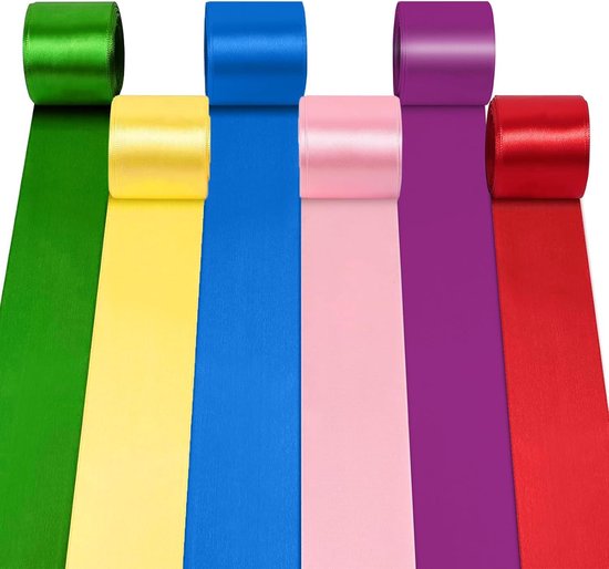 Rollen lint in groen, geel, blauw, roze, paars en rood.