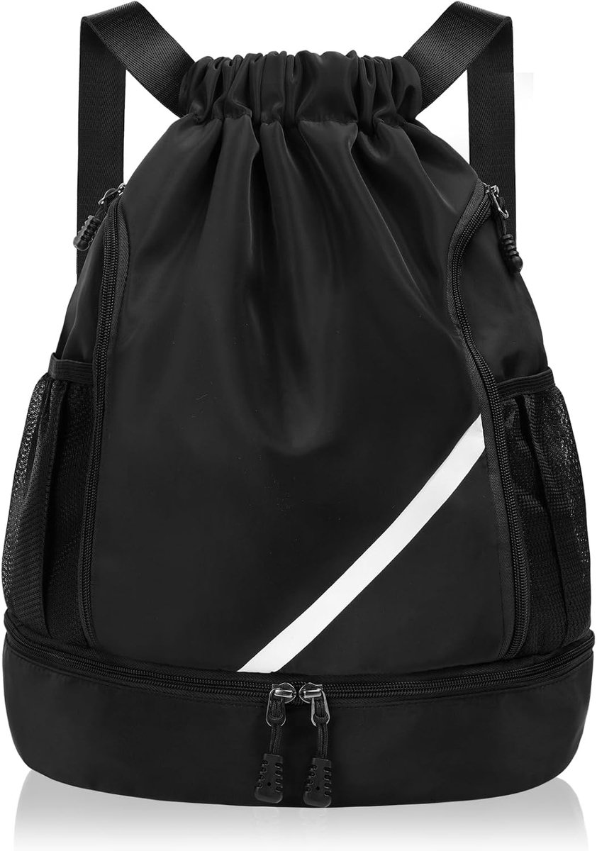SnelShoppen - Waterproof Drawstring Backpack, Grote Sporttas met Schoencompartiment en Drinkflesvakken, Oxford Materiaal, Zwart, 30x22x4cm, Voor Schoo
