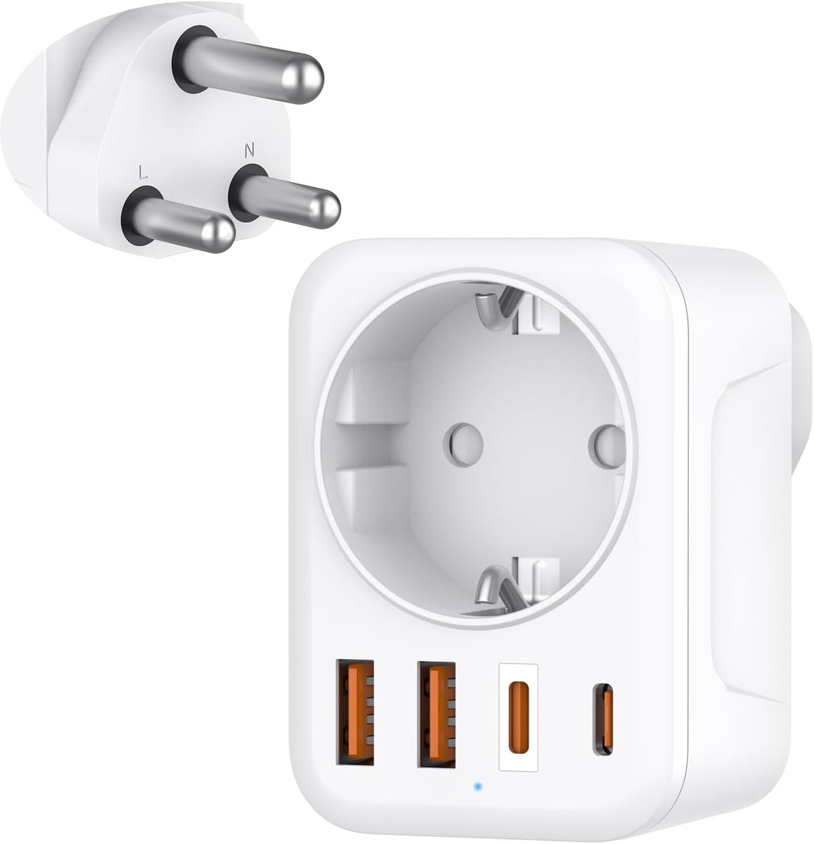 SnelShoppen - 5-in-1 Reisadapter Zuid-Afrika, 1 AC & 2 USB-C & 2 USB-A, 3.4A, 3-Pin Stekker voor Zuid-Afrika, Lesotho, Mozambique, Namibië, Swaziland,