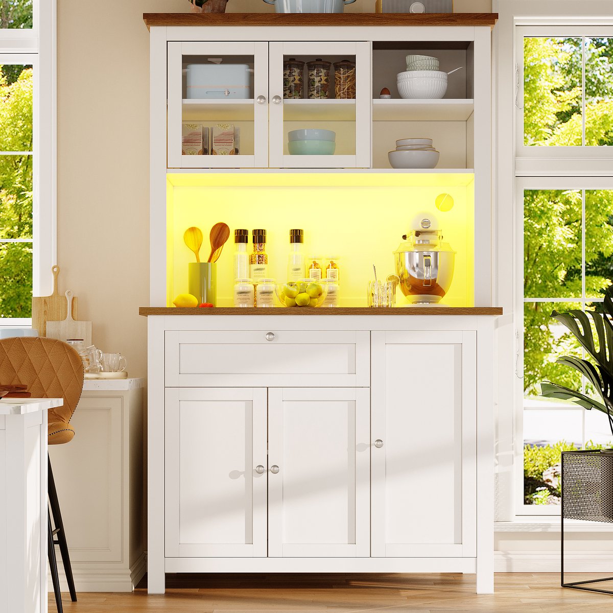 Wishdor - Keukenkast - Hoge buffetkast met LED-verlichting en verstelbare planken - modern landelijk - keuken of eetkamer - houtlook en metaal - wit - 104 x 40 x 180 cm