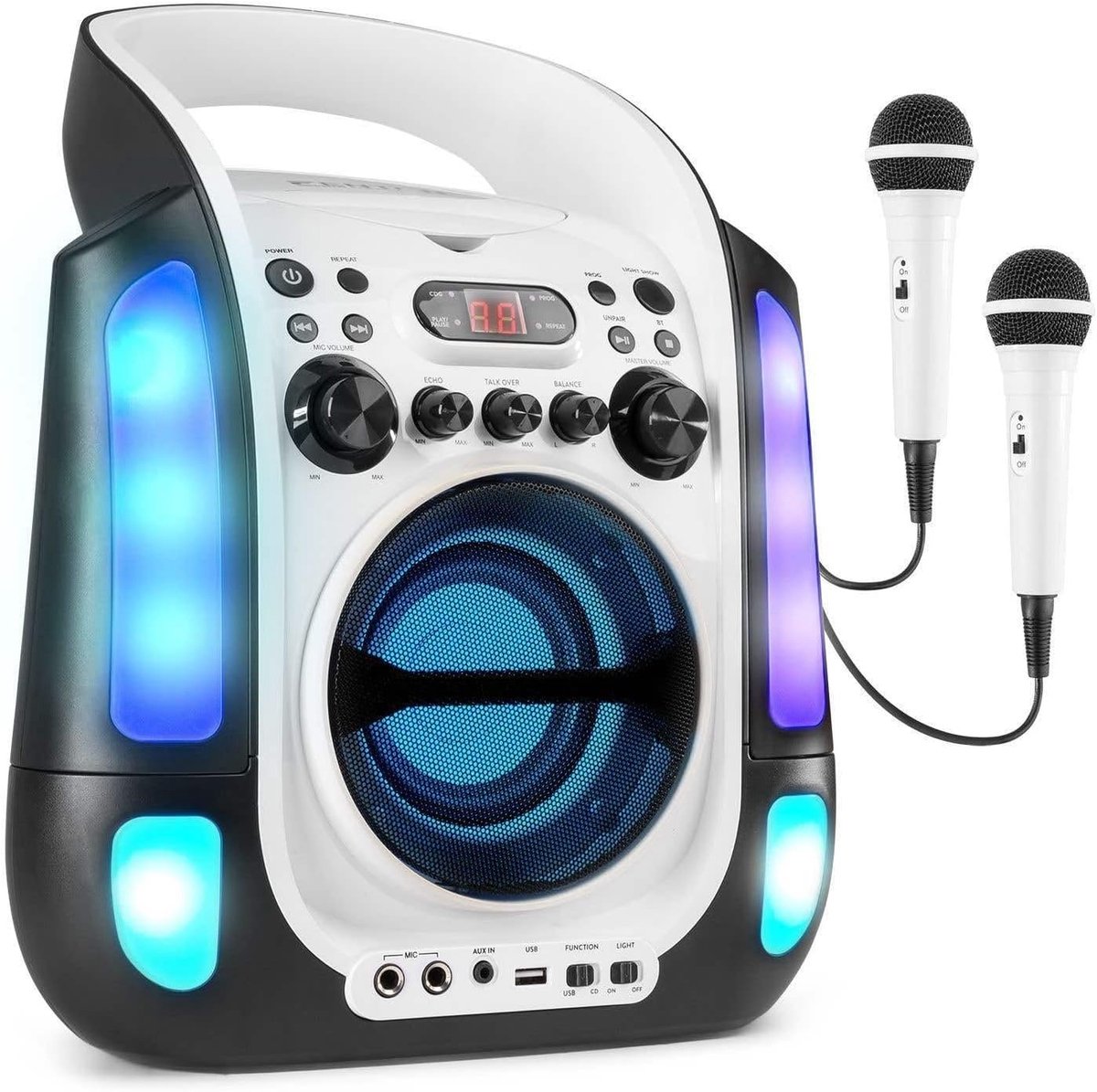 SnelShoppen - Karaoke Set met Bluetooth, 2 Microfoons, CD+G Speler, MP3 Speler, LED Verlichting en Echo Effect - Wit - Perfect voor Feesten en Kids