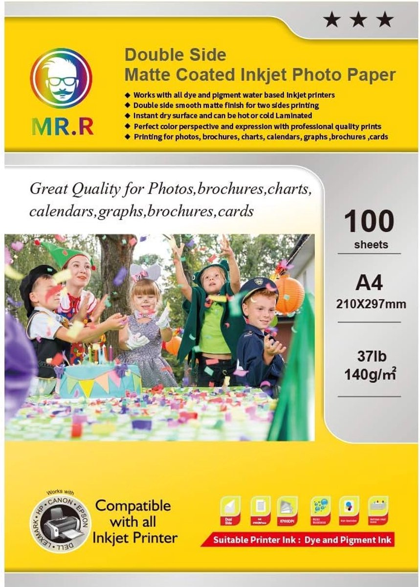 SnelShoppen - A4 Matte Coated Inkjet Fotopapier 140gsm - 100 Vellen Dubbelzijdig Instant Dry Glossy Waterproof Witte Foto Sheets 210x297mm - Perfect v