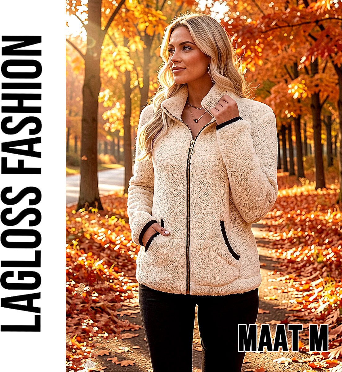 LaGloss ® Dames Jas Beige – Warme Pluche Jas met Rits en Zakken – Casual Herfstjas met Lange Mouwen - Maat M