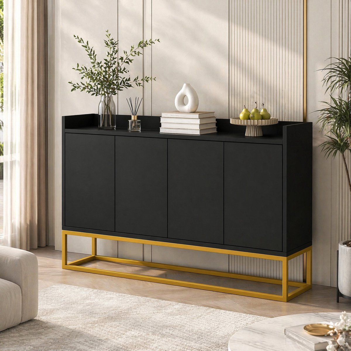 Wishdor - Dressoir - Minimalistisch vierdeurs grifloos sideboard met verstelbare planken - modern voor woonkamer of eetkamer - houtlook zwart - 120 x 30 x 80 cm